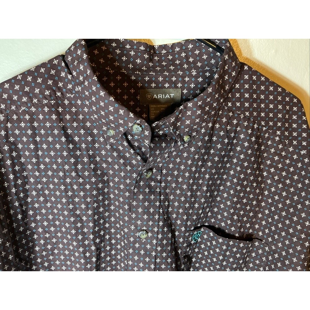 Ariat Mens Dress Shirt Work Long Sleeve Brown XXL Turquoise Logo Geo Pattern